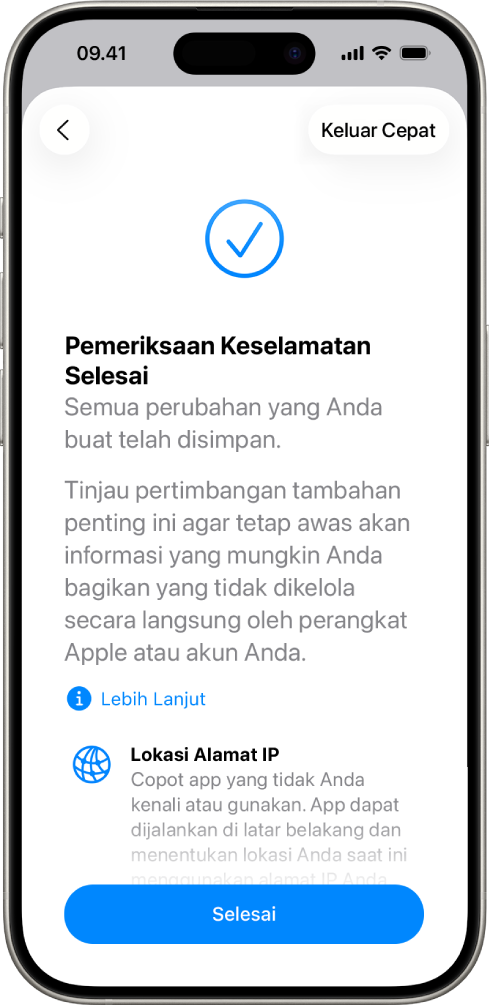 Layar Pemeriksaan Keselamatan menunjukkan bahwa Pemeriksaan Keselamatan telah selesai.