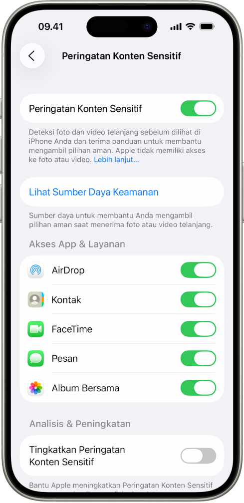 iPhone menampilkan layar Peringatan Konten Sensitif.