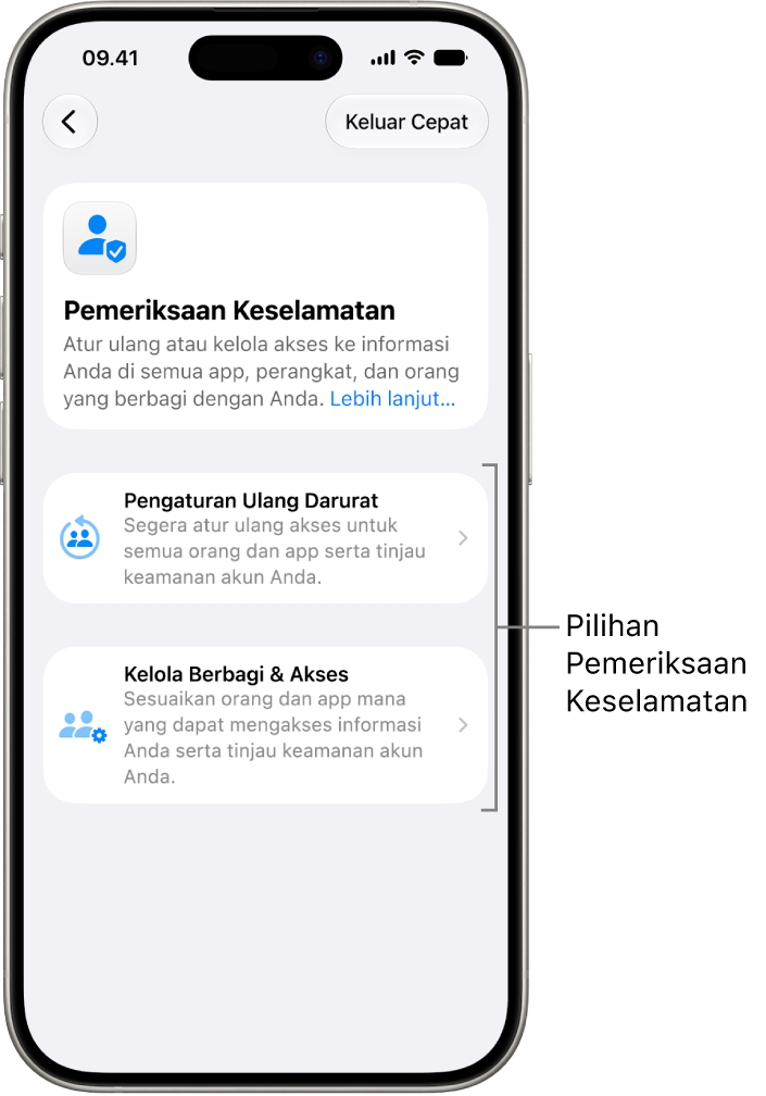 Layar menampilkan dua pilihan yang tersedia dengan Pemeriksaan Keselamatan: Pengaturan Ulang Darurat dan Kelola Berbagi & Akses.