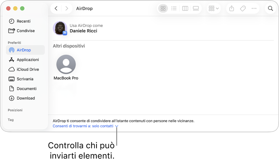 La finestra di AirDrop del Finder.