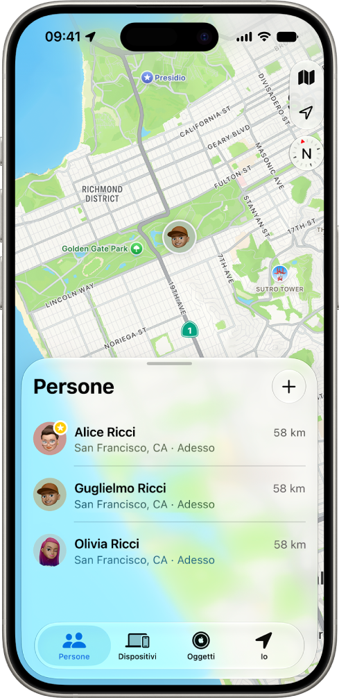 Una schermata di iPhone che mostra dove si trova un utente e le posizioni di altri quattro utenti.