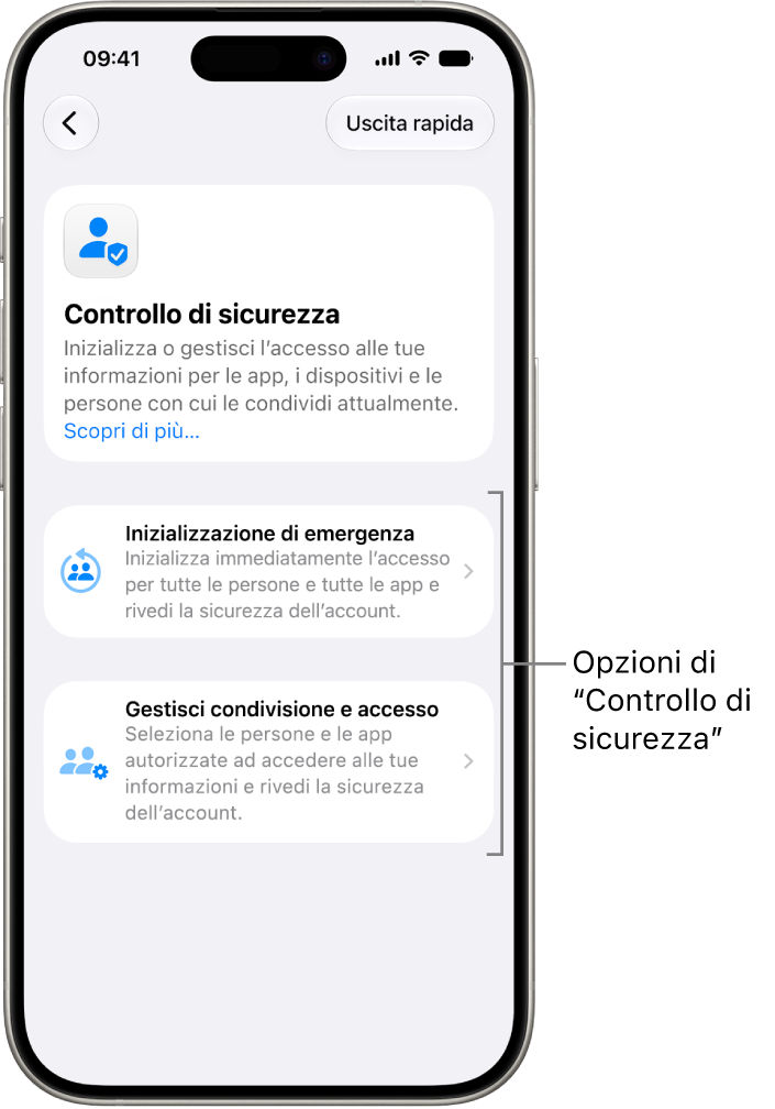 Una schermata che mostra le due opzioni disponibili in “Controllo di sicurezza”: “Inizializzazione di emergenza” e “Gestisci condivisione e accesso”.