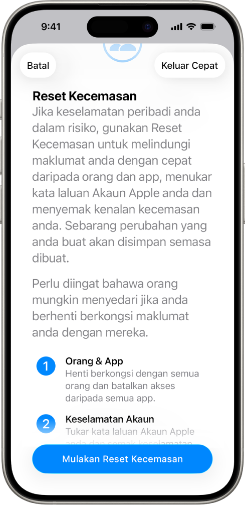 Skrin kemajuan menunjukkan butang untuk memulakan Reset Kecemasan.