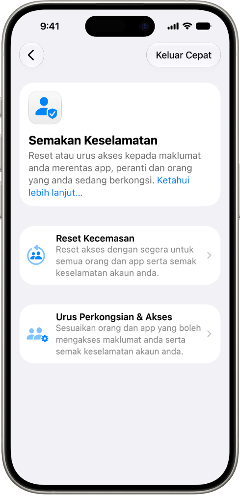 iPhone menunjukkan skrin persediaan Semakan Keselamatan.