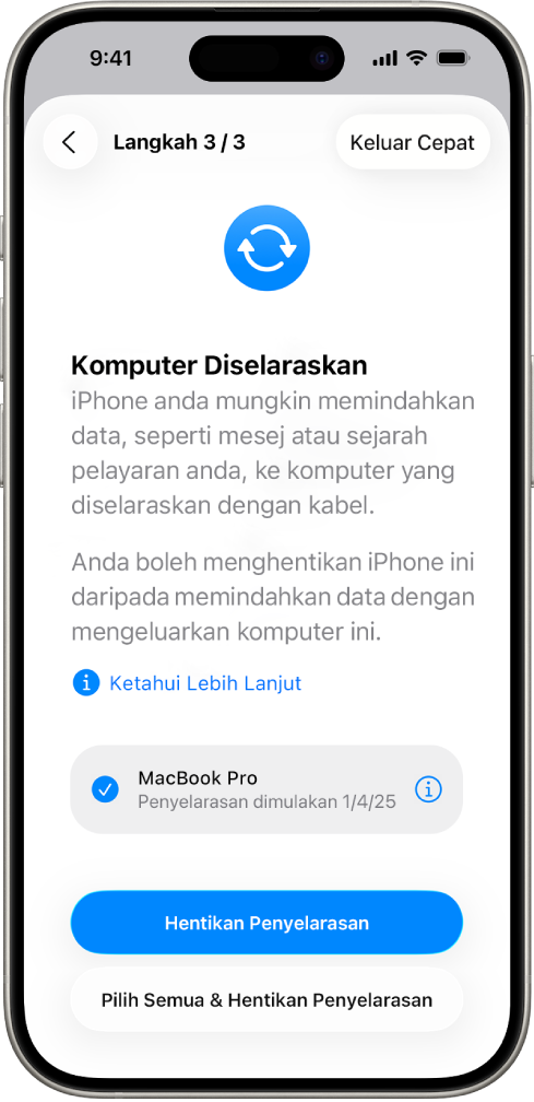 Skrin iPhone menunjukkan skrin Komputer Diselaraskan.