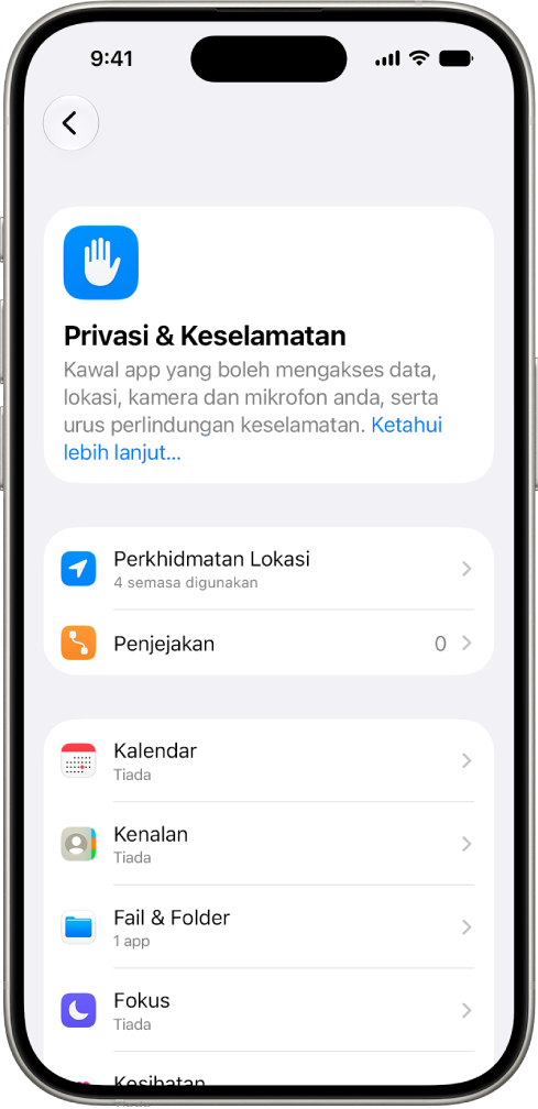 iPhone menunjukkan skrin Privasi & Keselamatan dalam Seting.