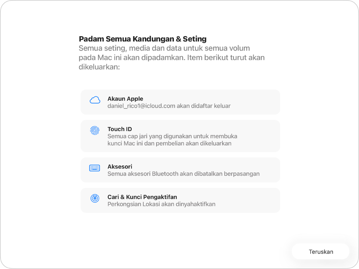 Tetingkap Mac menunjukkan Padam Semua Kandungan dan Pembantu Seting.