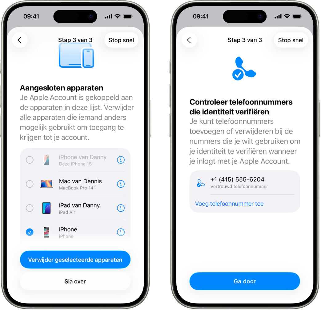 Twee iPhone-schermen met 1) een geselecteerd apparaat dat uit de lijst met vertrouwde apparaten wordt verwijderd, en 2) een scherm waarop vertrouwde telefoonnummers kunnen worden bewerkt.