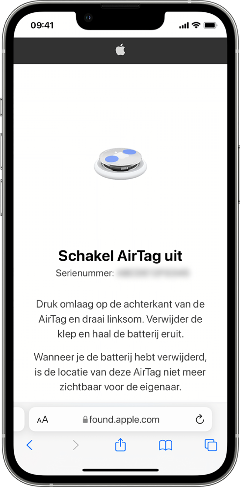 Een iPhone-scherm waarop te zien is hoe je een AirTag uitschakelt.