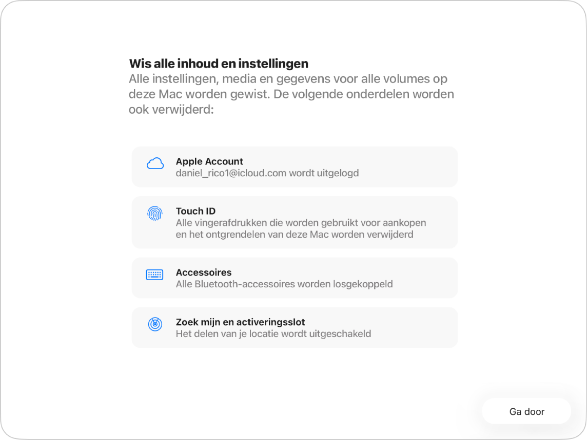Een Mac-venster met de assistent voor het wissen van alle content en instellingen.