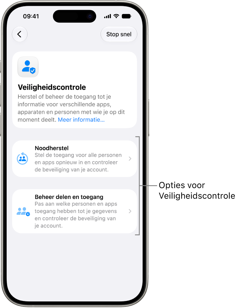 Een scherm waarin de twee opties van Veiligheidscontrole te zien zijn: 'Noodherstel' en 'Beheer delen en toegang'.