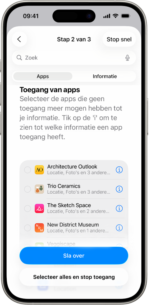 Een scherm van Veiligheidscontrole met gegevens die met specifieke apps worden gedeeld.