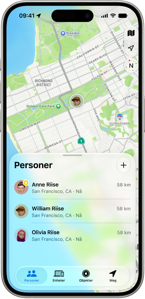 En iPhone-skjerm viser en brukers posisjon samt posisjonen til fire andre brukere.