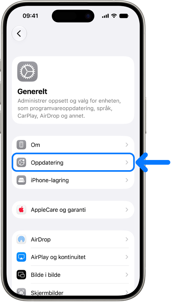 iPhone-skjermen som viser at en programvareoppdatering er tilgjengelig.