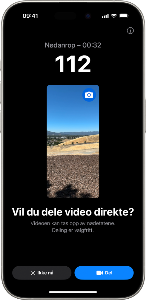 En direktesendt video av en Nødanrop (SOS)-skjerm viser et nødanrop med en videoforhåndsvisning i midten. Nederst vises knapper for Ikke nå og Del video.