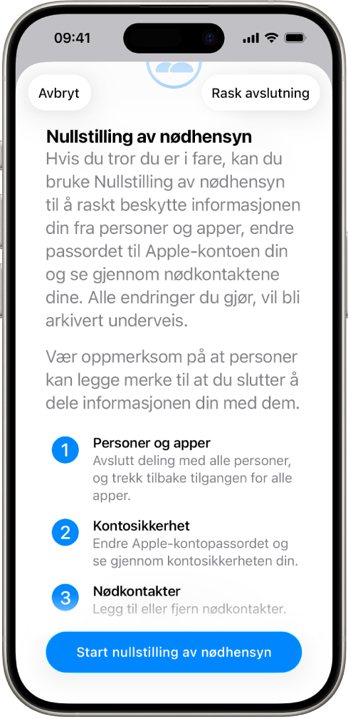 En skjerm som viser knappen for å starte Nullstilling av nødhensyn.