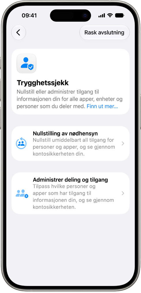En iPhone som viser Trygghetssjekk-skjermen.