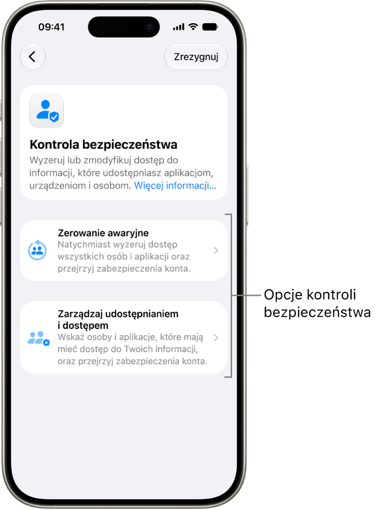 Ekran ilustrujący dwie opcje dostępne w funkcji Kontrola bezpieczeństwa: Zerowanie awaryjne oraz Zarządzaj udostępnianiem i dostępem.