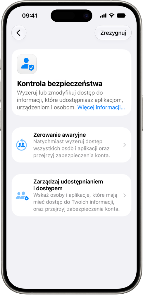 iPhone wyświetlający ekran funkcji Kontrola bezpieczeństwa.