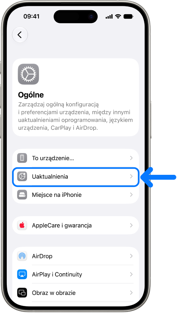 Ekran iPhone’a z informacją, że dostępne jest uaktualnienie oprogramowania.