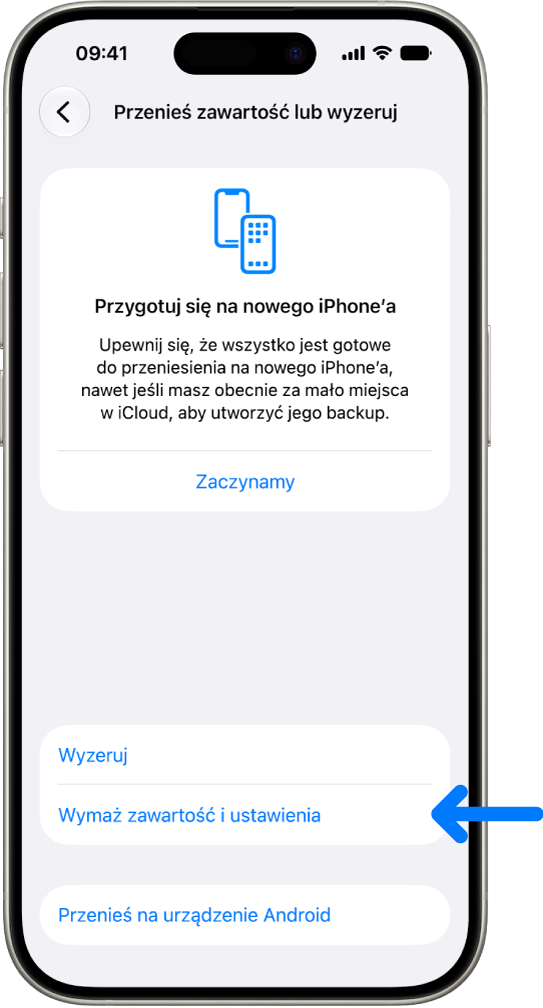 Ekran iPhone’a z wybraną opcją Wymaż zawartość i ustawienia.