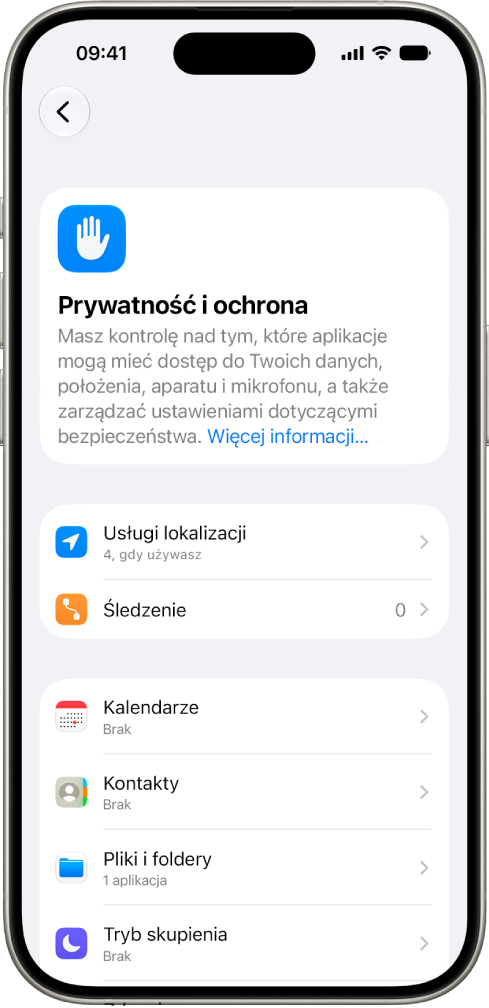 iPhone wyświetlający ekran Prywatność i ochrona w Ustawieniach.