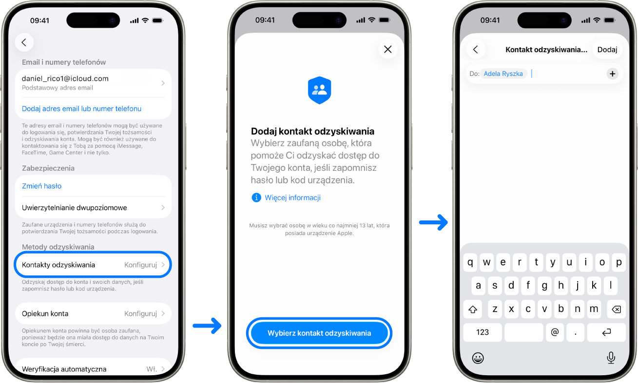 Na trzech ekranach iPhone’a pokazano, jak dodać kontakty odzyskiwania konta.