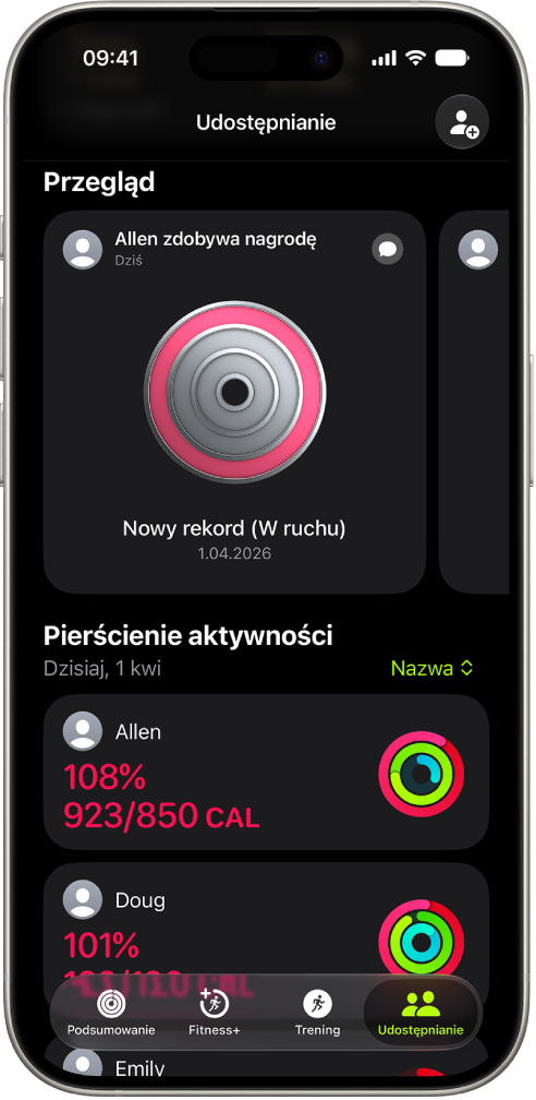 Ekran iPhone’a pokazujący dane o aktywności udostępnione dwóm innym osobom.