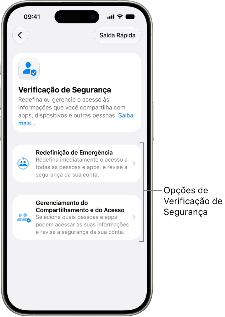 Tela mostrando as duas opções disponíveis com a Verificação de Segurança: “Redefinição de Emergência” e “Gerenciar Compartilhamento e Acesso”.