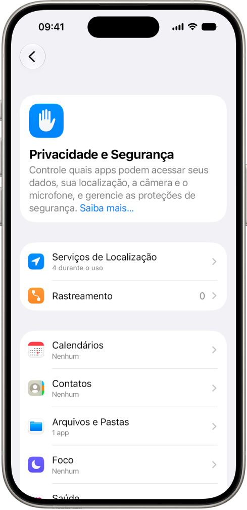 iPhone mostrando a tela “Privacidade e Segurança” nos Ajustes.