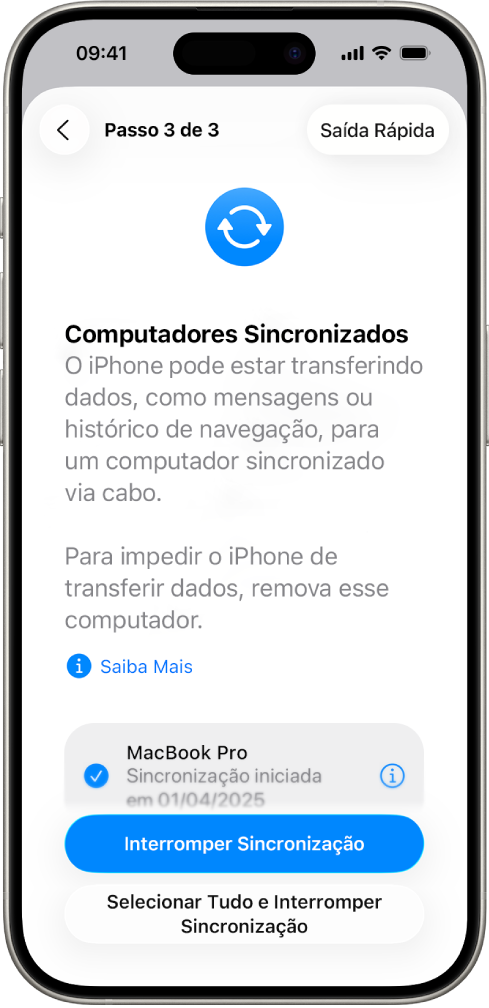 A tela de um iPhone mostrando a tela Computadores Sincronizados.