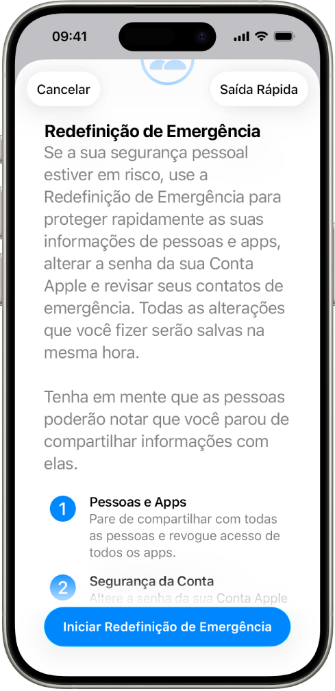 Tela mostrando o botão para iniciar a Redefinição de Emergência.