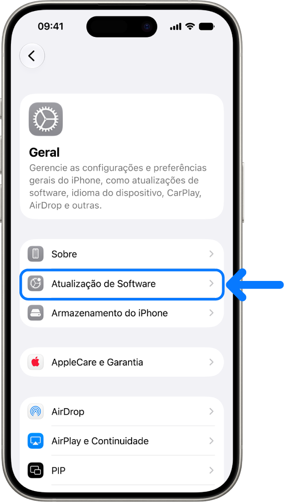 Tela do iPhone mostrando que uma atualização de software está disponível.