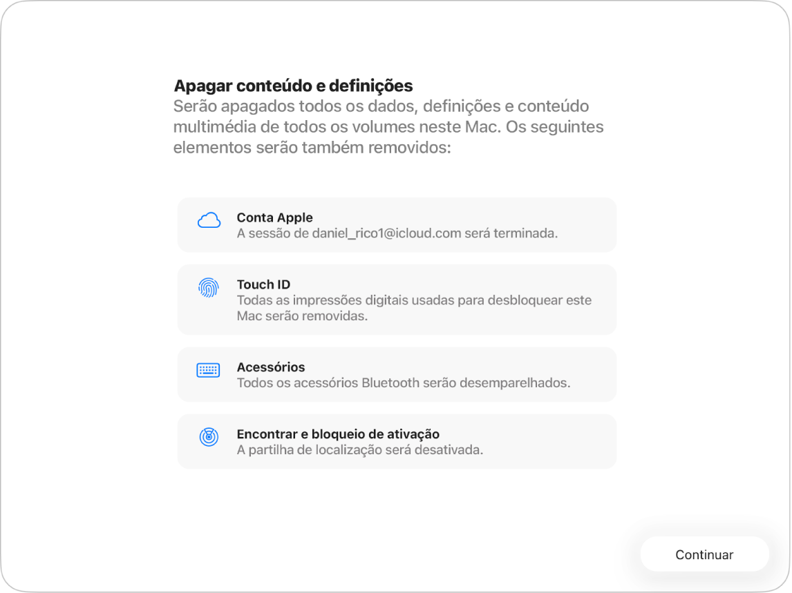A janela de um Mac mostra a opção Apagar todo o conteúdo e o Assistente de Definições.