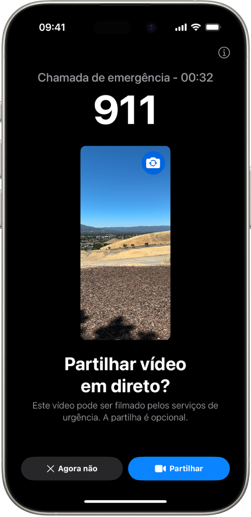 Um ecrã de Vídeo em tempo real de SOS emergência a mostrar uma chamada de emergência para o 112 com uma pré-visualização de vídeo no meio. Na parte inferior encontram-se os botões “Agora não” e “Partilhar vídeo”.