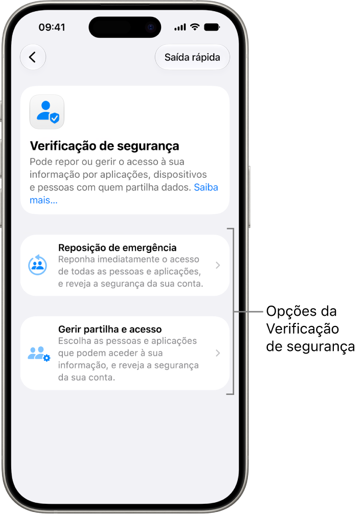 Um ecrã mostra as duas opções disponíveis na Verificação de segurança: “Reposição de emergência” e “Gerir partilha e acesso”.