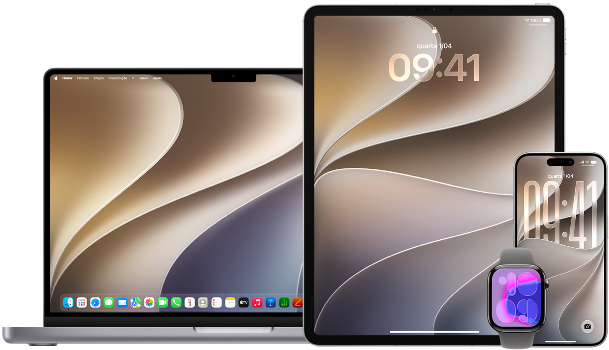 Um MacBook Pro, iPad, Apple Watch e iPhone.
