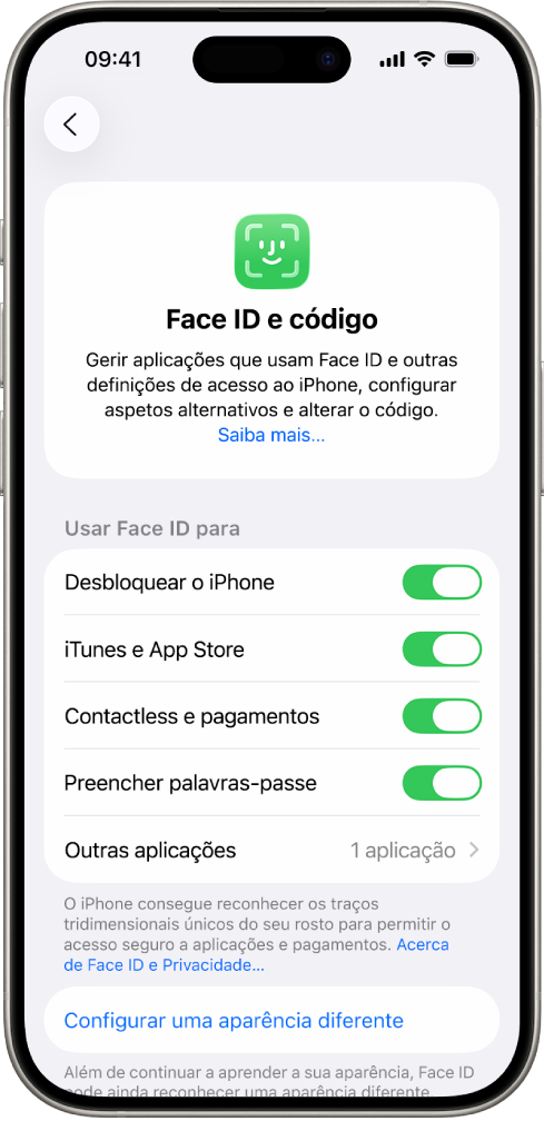 O ecrã de Face ID do iPhone mostra os diferentes usos de Face ID: Desbloquear o iPhone, iTunes e App Store, Carteira e Apple Pay e Autopreencher palavra-passe.