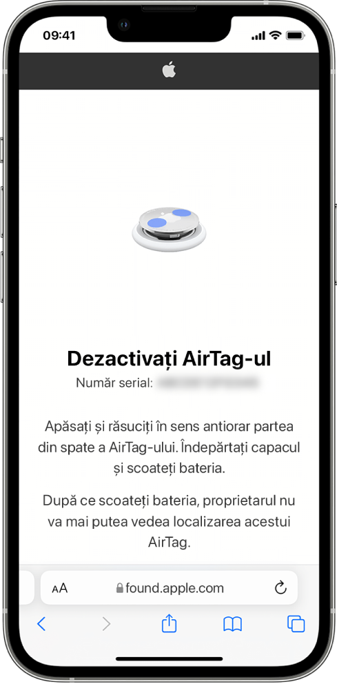 Ecranul unui iPhone prezentând cum se dezactivează un AirTag.