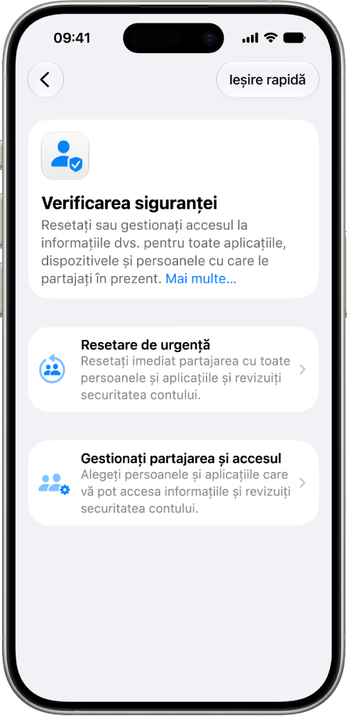 Un iPhone prezentând ecranul Verificarea siguranței.