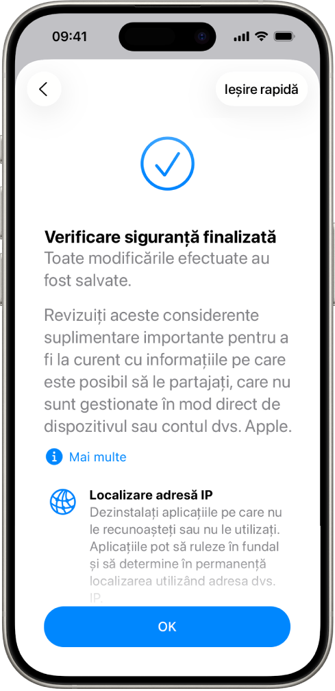 Un ecran Verificarea siguranței indicând că verificarea siguranței este finalizată.
