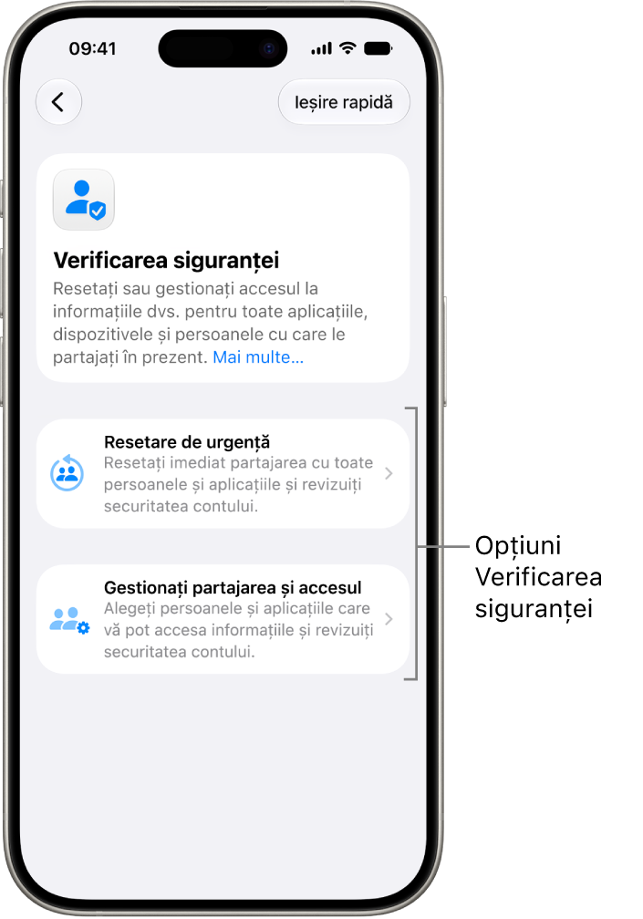 Un ecran prezentând cele două opțiuni disponibile în Verificarea siguranței: Resetare de urgență și Gestionați partajarea și accesul.