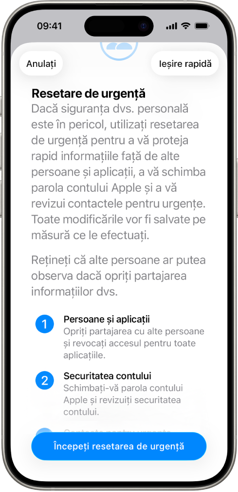 Un ecran prezentând butonul pentru a începe resetarea de urgență.