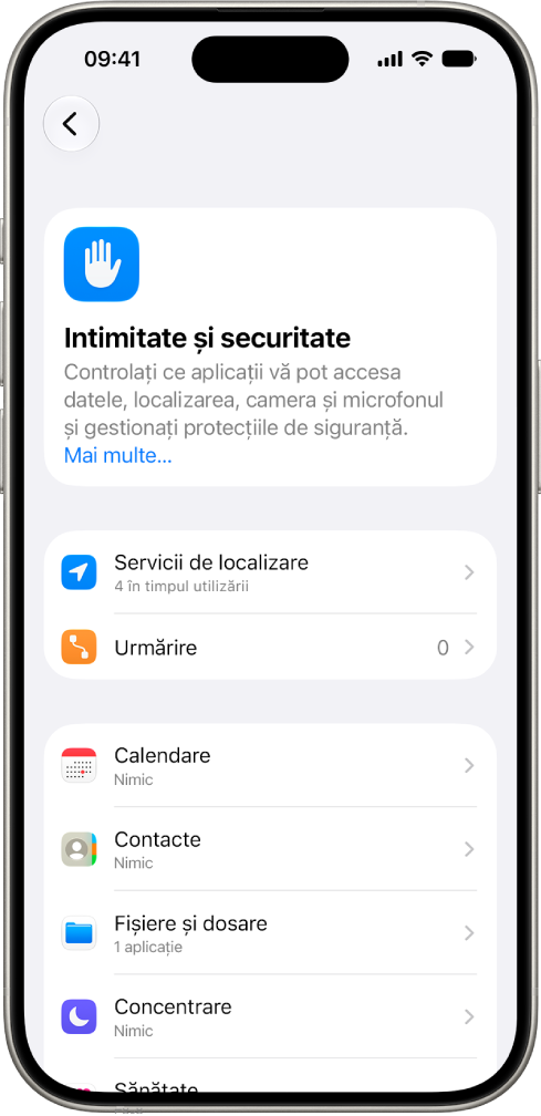 Un iPhone afișează ecranul Intimitate și securitate în Configurări.