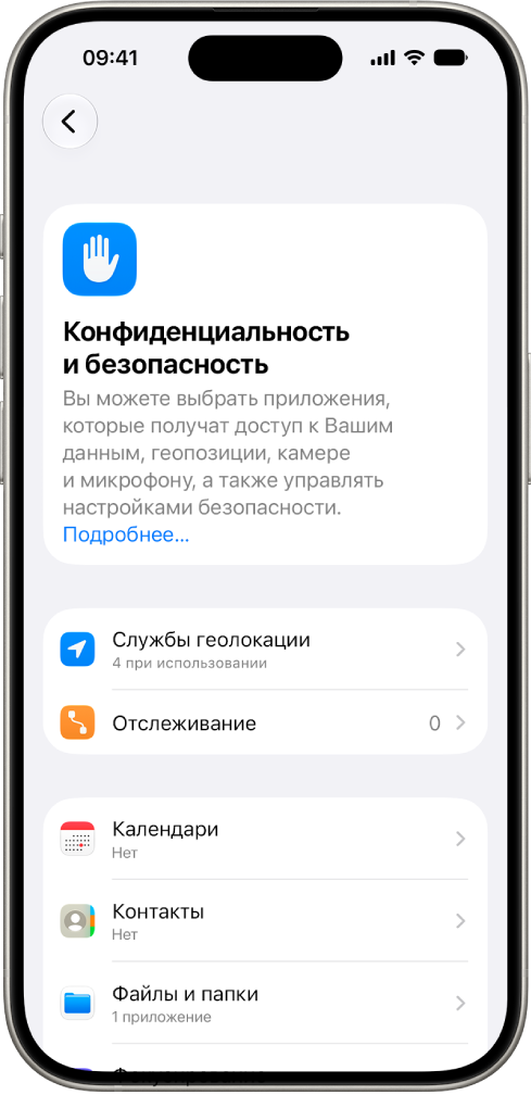 Экран «Конфиденциальность и безопасность» в Настройках iPhone.
