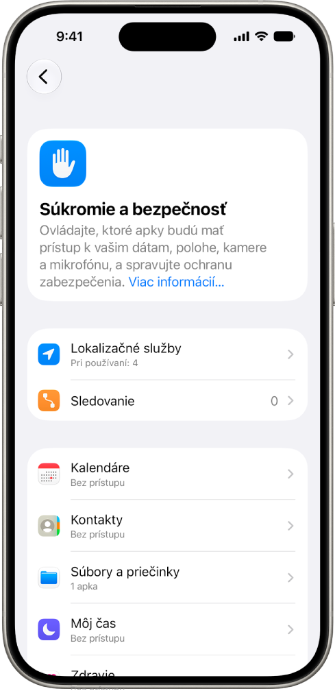 iPhone s obrazovkou Súkromie a bezpečnosť v Nastaveniach.