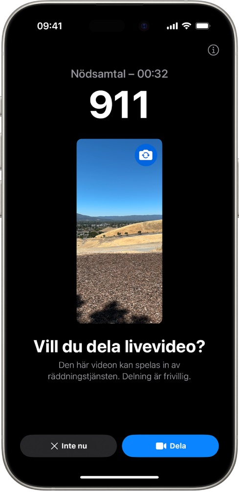 En skärm för Nödanrop SOS med livevideo visar ett nödsamtal till 112 med en videoförhandsvisning i mitten. Längst ned finns knapparna Inte nu och Dela video.