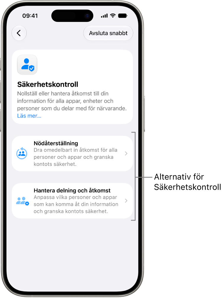 En skärm som visar de två alternativ som finns i Säkerhetskontroll: Nödåterställning och Hantera delning och åtkomst.