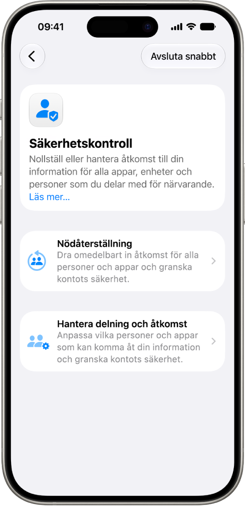 En iPhone som visar skärmen för Säkerhetskontroll.