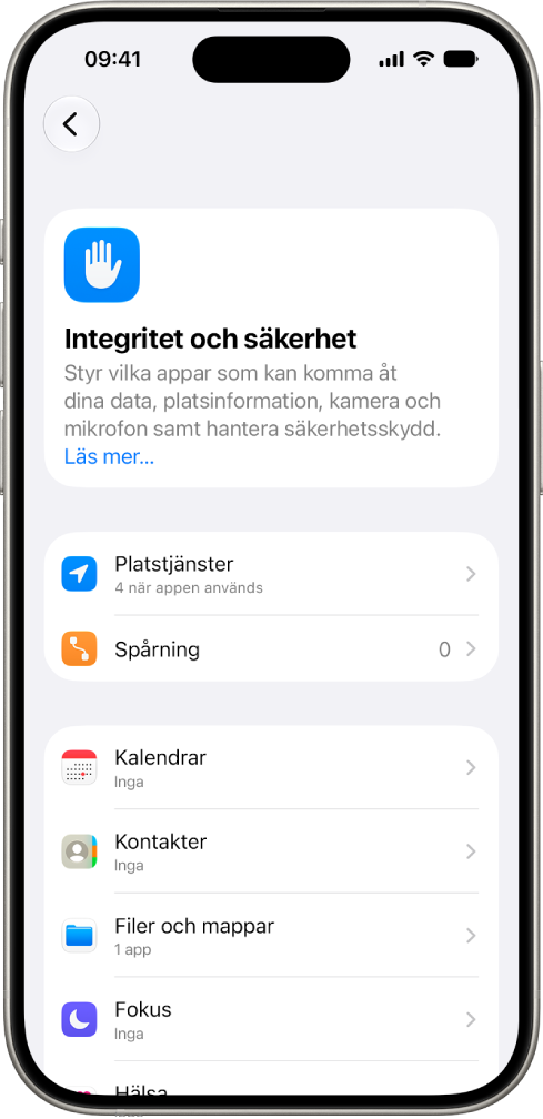En iPhone visar skärmen Integritet och säkerhet i Inställningar.